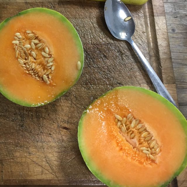 Un melon Oka - semences bio de Tourne-Sol coupé en tranches, ressemblant à un melon précoce, repose sur une planche de bois usée avec des graines visibles. Une cuillère en métal attend à proximité pour être récupérée. La planche et le plan de travail présentent des signes d'utilisation régulière.